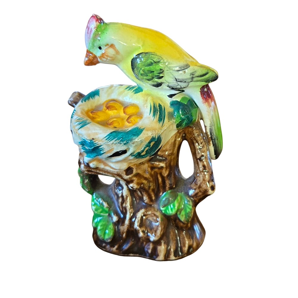 Vintage Boho Ceramic Bird with Nest and Eggs Tree Stump Figurine Made in Japan